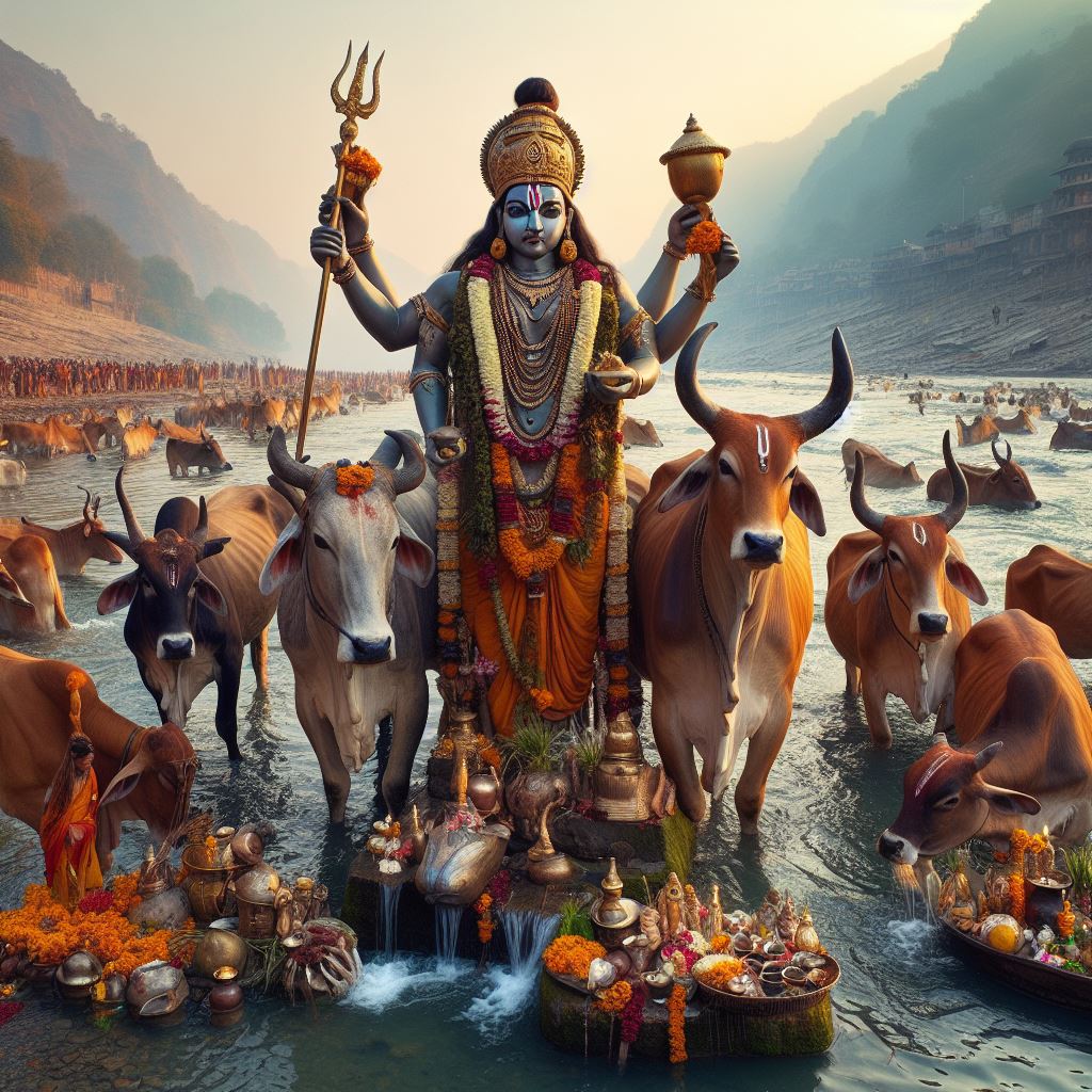 Vishnu worship, and offerings to cows along the sacred Saryu River.