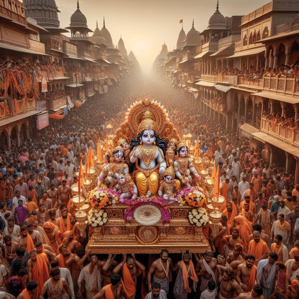 A grand procession carrying the idol of child Lord Ram in ayodhya