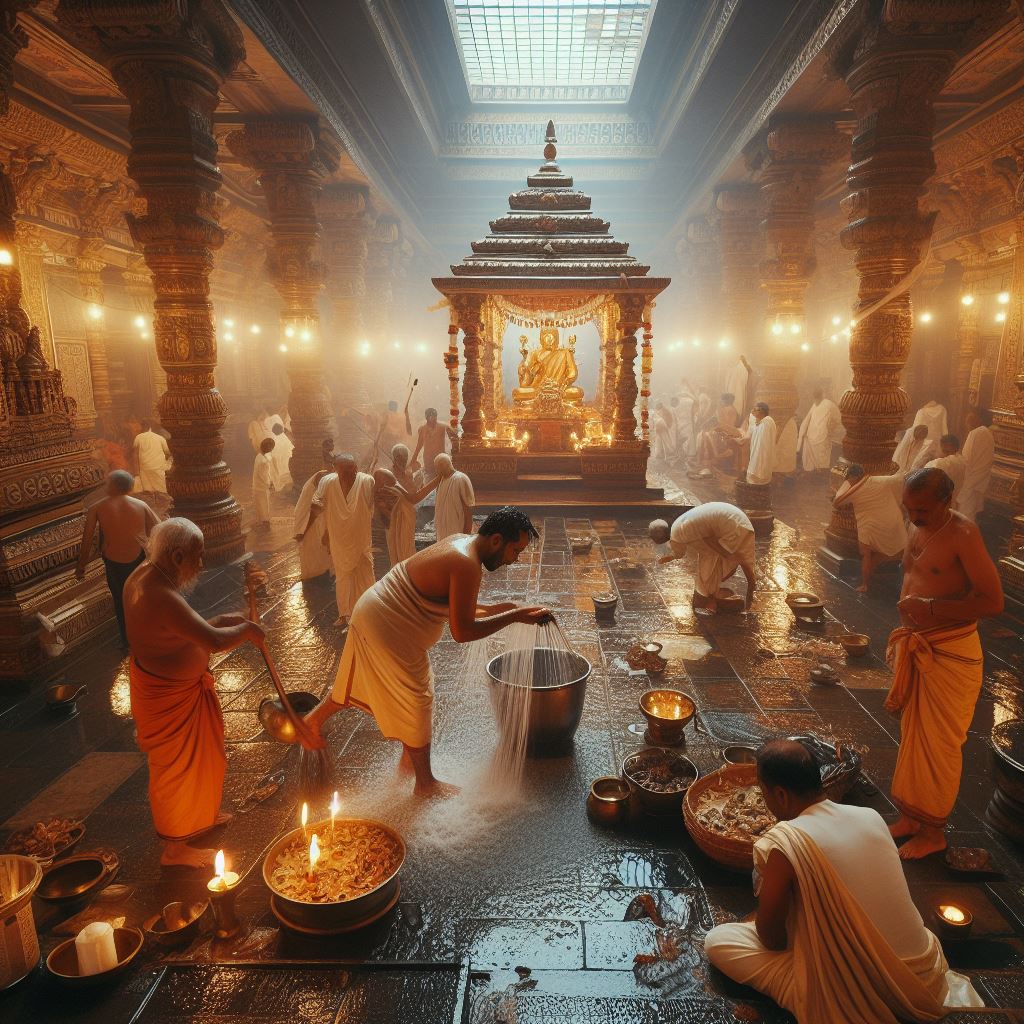 priest washing temple floor inside sanctum sanctorum, people surrounding