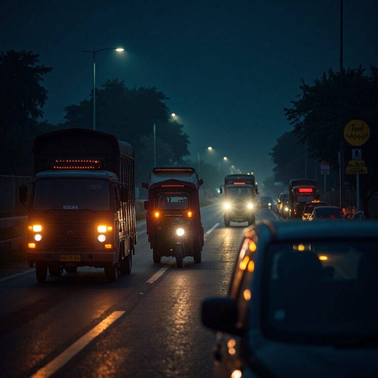 TG Govt Enforces Mandatory Reflective Tapes to Curb Night-Time Road Accidents Reflective tapes in action: Vehicles on a Telangana highway equipped with safety markings, ensuring visibility and preventing night-time collisions