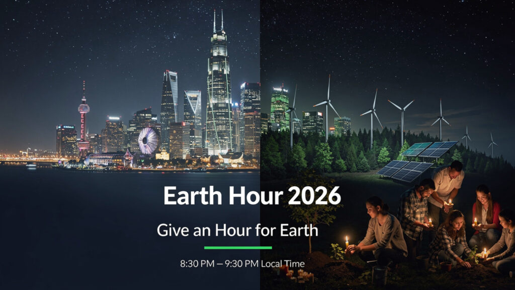 Earth Hour 2026: Indian Army, Govt Buildings and Landmarks Across India to Switch Off Lights tonight 1 Earth Hour 2026 visual showing a city skyline transitioning from lights on to lights off, with stars, renewable energy, nature, and people taking climate action under the theme “Give an Hour for Earth.
