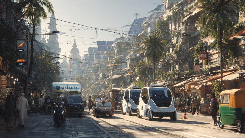 The Silent Shift: 3 Reality Checks on India’s Electric Vehicle Future 2 A modern Indian city street with electric scooters, cars, and buses driving past EV charging stations, surrounded by clean urban infrastructure and solar-powered buildings, representing sustainable transportation and future mobility.