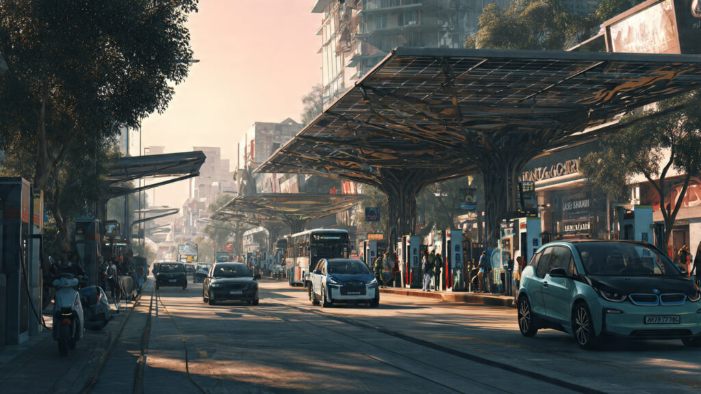 The Silent Shift: 3 Reality Checks on India’s Electric Vehicle Future 1 A modern Indian city street with electric scooters, cars, and buses driving past EV charging stations, surrounded by clean urban infrastructure and solar-powered buildings, representing sustainable transportation and future mobility.