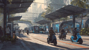 The Silent Shift: 3 Reality Checks on India’s Electric Vehicle Future A modern Indian city street with electric scooters, cars, and buses driving past EV charging stations, surrounded by clean urban infrastructure and solar-powered buildings, representing sustainable transportation and future mobility.