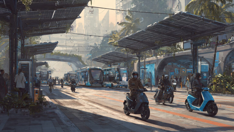 The Silent Shift: 3 Reality Checks on India’s Electric Vehicle Future A modern Indian city street with electric scooters, cars, and buses driving past EV charging stations, surrounded by clean urban infrastructure and solar-powered buildings, representing sustainable transportation and future mobility.