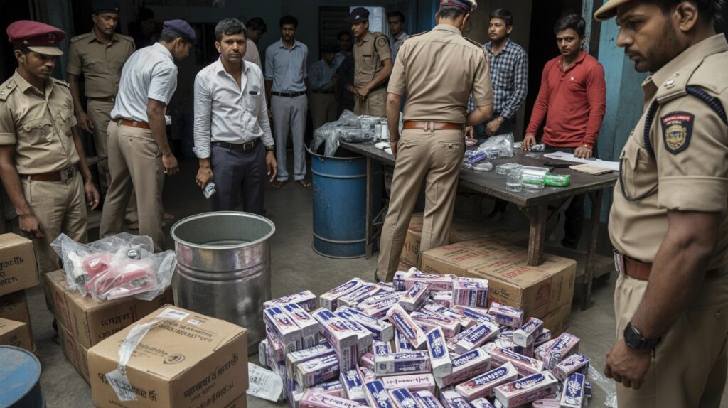 Fake Toothpaste Factory Busted in Delhi, Owner Arrested 3 Police officers inspecting a small illegal manufacturing unit where workers are filling counterfeit toothpaste into branded tubes, with boxes of fake packaging and seized materials visible around the room.