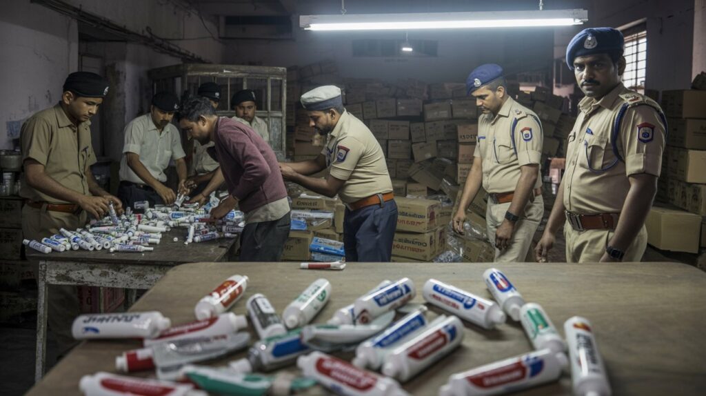 Fake Toothpaste Factory Busted in Delhi, Owner Arrested 2 Police officers inspecting a small illegal manufacturing unit where workers are filling counterfeit toothpaste into branded tubes, with boxes of fake packaging and seized materials visible around the room.