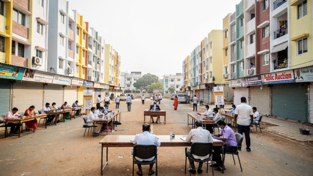 Large-Scale Telangana Commercial Shops Auction Under 2BHK Housing Scheme 1 a wide angle view of a modern indian government bu 1
