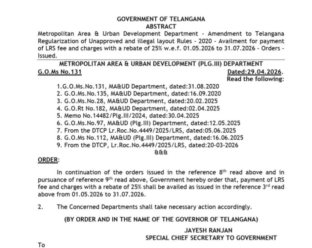 Telangana LRS fee rebate - Govt Cuts Land Regularization Fee by One-Fourth for 3 Months! 1 ORDERS ISSUED : Amendment to Telangana Regularisation of Unapproved and illegal layout Rules - 2020 - Availment for payment of LRS fee and charges with a rebate of 25 percent w.e.f. 01.05.2026 to 31.07.2026.
