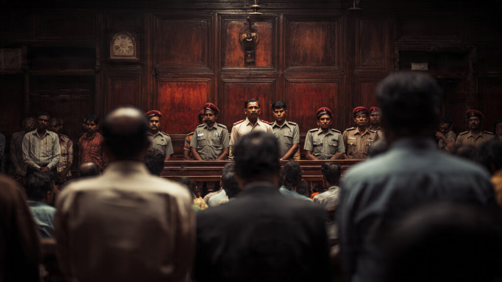 Madurai Court Awards Death Penalty to 9 Policemen in Custodial Death Case A courtroom scene in India where a judge delivers a verdict while accused police officers stand before the bench, with family members of victims seated behind, reflecting a tense and emotional atmosphere.