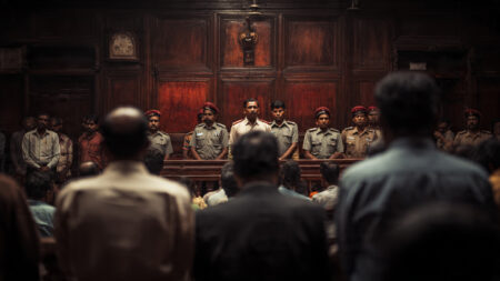 Madurai Court Awards Death Penalty to 9 Policemen in Custodial Death Case A courtroom scene in India where a judge delivers a verdict while accused police officers stand before the bench, with family members of victims seated behind, reflecting a tense and emotional atmosphere.