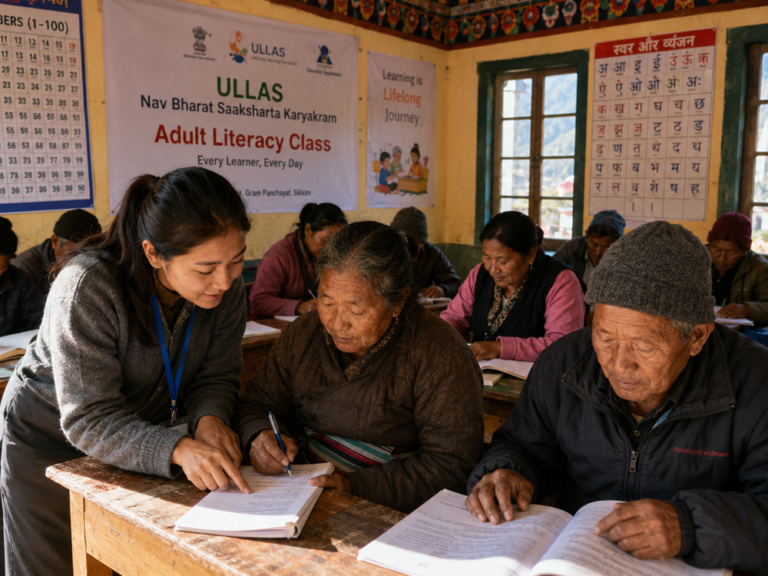 Adult literacy class in Sikkim classroom