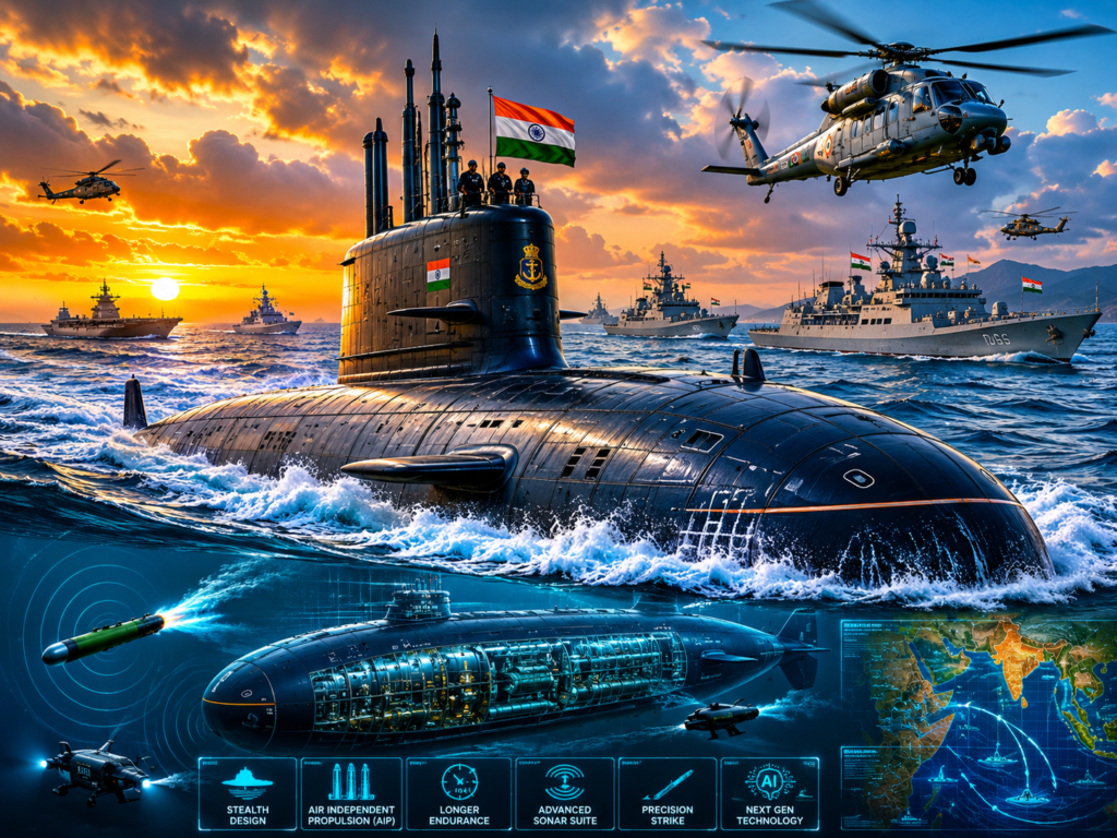 Navy’s First Project 75(I) Submarine to Join Fleet by 2033 1 Advanced Indian Navy submarine sailing on the surface of the Indian Ocean during a dramatic sunset, surrounded by modern warships and naval helicopters.