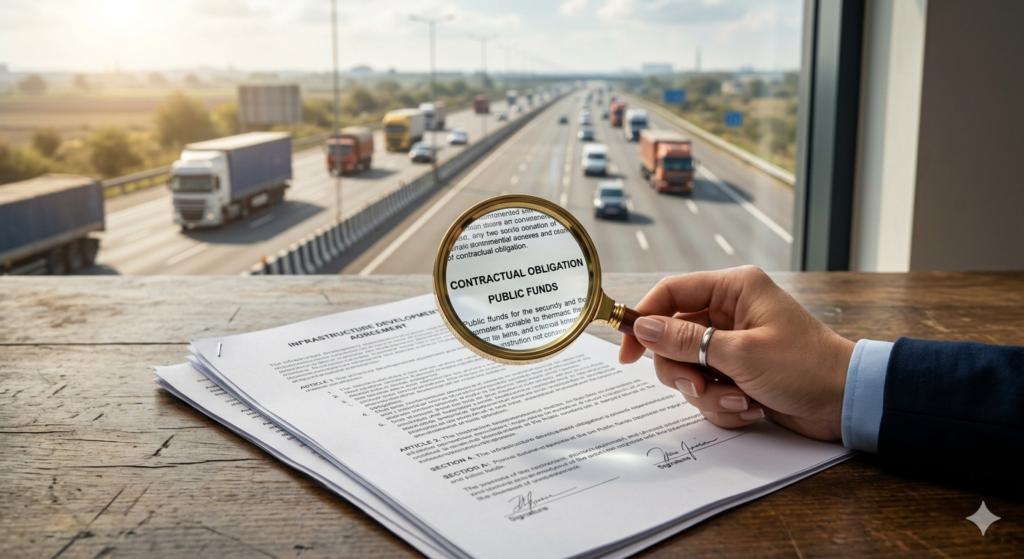 NHAI arbitration victory - Defeats Multi-Billion Rupee Claims 1 A close-up of a magnifying glass focusing on legal terms in a contract, with a sprawling modern highway visible in the background, symbolizing the NHAI arbitration victory.