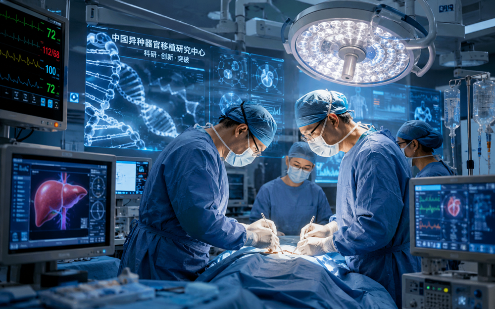 China Performs Historic Pig Organ Transplant For Human 1 Chinese surgeons performing a groundbreaking pig organ transplant procedure in a modern hospital operating room.
