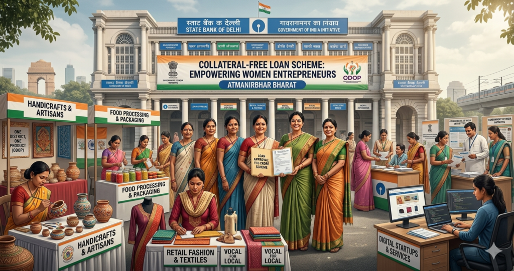 Delhi Women Entrepreneurship Scheme 10cr Collateral-Free Loans 1 Indian women entrepreneurs and SHG members receiving government-backed financial support under a collateral-free loan initiative in Delhi.