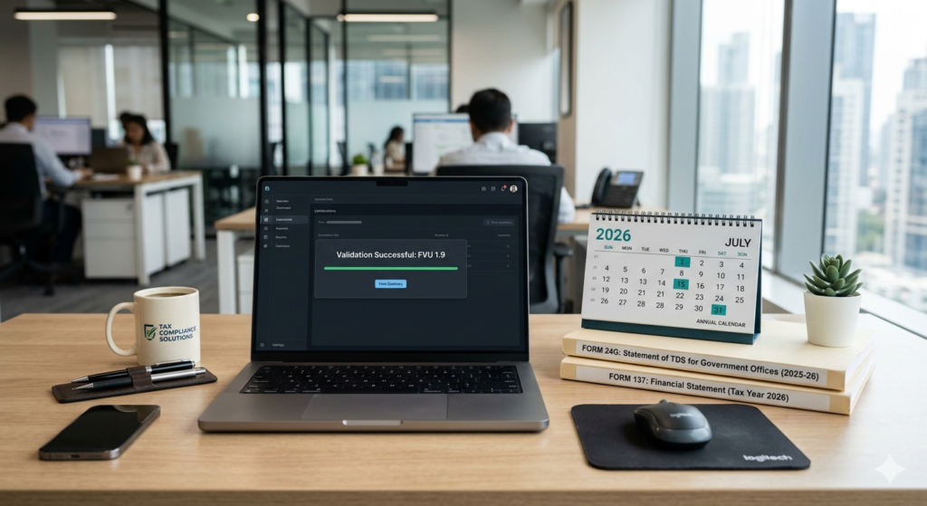 FVU Version 1.9 Now Mandatory for Form 24G and Form 137 Filings 1 Laptop displaying FVU Version 1.9 validation success beside Form 24G and Form 137 documents in a modern office workspace.
