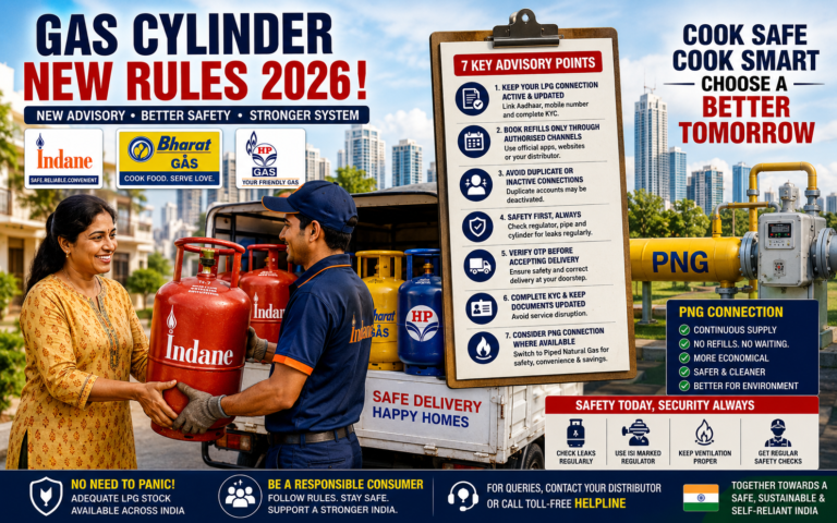 Indian family receiving LPG gas cylinder delivery under new gas cylinder rules and safety advisory.
