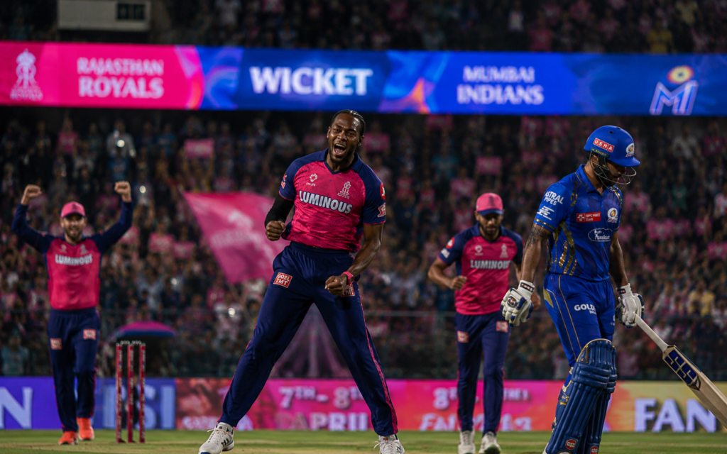 Rajasthan Royals vs Mumbai Indians Match Scorecard 2 Jofra Archer celebrating during Rajasthan Royals vs Mumbai Indians IPL 2026 match at Wankhede Stadium