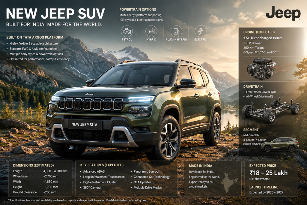 New Jeep SUV India: Tata and Stellantis Deepen Partnership 2 **Alt Text:**
Illustration of a next-generation Jeep SUV positioned on rugged mountain terrain at sunset, highlighting expected specifications of the upcoming India-developed model. The image features a premium mid-size SUV design with Jeep's signature seven-slot grille, LED lighting, and muscular styling, accompanied by infographic panels detailing the Tata ARGOS platform, turbo-petrol engine, AWD capability, hybrid and electric powertrain support, advanced technology features, estimated dimensions, and global export plans. The scenic alpine backdrop and golden-hour lighting emphasize the SUV's adventurous character and international ambitions.
