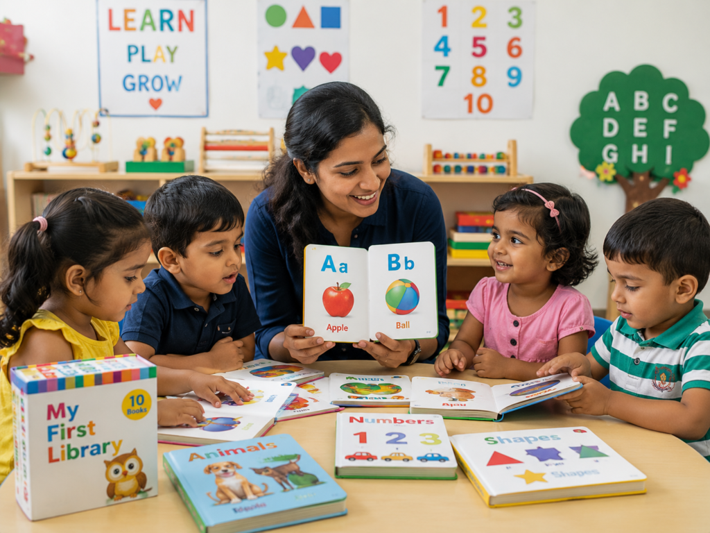 My First Library Boxset Becomes a Popular Choice Among Parents for Early Learning 1 Preschool children learning with colorful educational board books in a classroom setting.