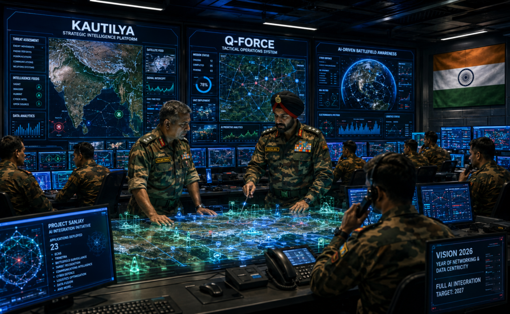 Indian Army AI Platforms ‘Kautilya’ and Q-Force Launched 1 Indian Army officers using AI-powered defence platforms Kautilya and Q-Fi in a futuristic military command center.