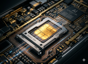 The Hidden Gold Inside Every SIM Card: Video Macro close-up of a SIM card displaying its microscopic gold contact layer inside advanced smartphone circuitry and futuristic communication technology.