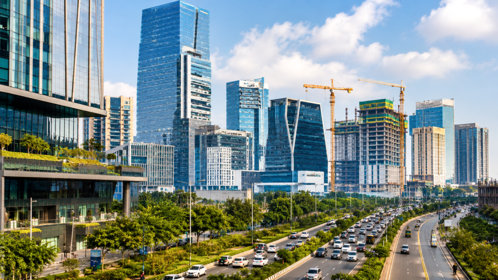 India GDP Growth FY26 Reaches 7.7%, Outpacing Earlier Estimates 2 Modern Indian business district representing economic growth and investment activity.