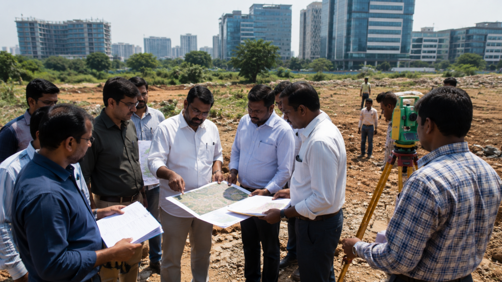 HYDRAA Fences 15 Acres Near Cyber Towers Worth ₹3,000 Crore 1 Officials inspecting disputed government land near Hyderabad's Cyber Towers.