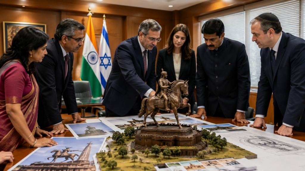 Israel Plans Chhatrapati Shivaji Maharaj Statue to Strengthen Ties 1 Indian and Israeli officials review architectural plans and a scale model of a proposed Chhatrapati Shivaji Maharaj statue during a diplomatic meeting in a modern government conference room. Maps, design sketches, and heritage reference materials are displayed on the table, highlighting international cultural cooperation and project planning.