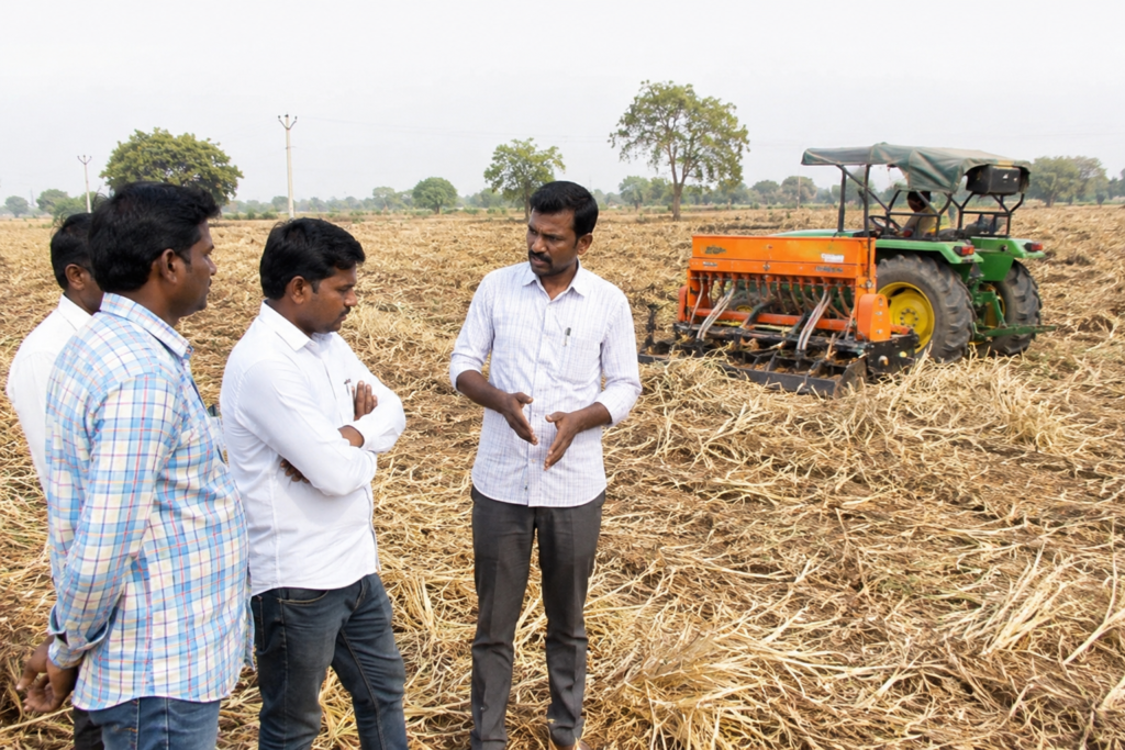 Mancherial Stubble Burning Raises Air Pollution Concerns in Telangana 1 Farmers discussing in harvested field