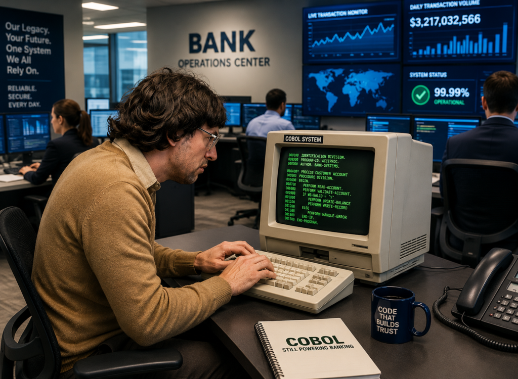 $3 Trillion Secret: Why Banks Can't Quit 65 Yr Old COBOL Banking Transactions 1 COBOL programmer working in a bank operations center with real-time transaction dashboards, illustrating how legacy banking systems continue to support modern financial services.