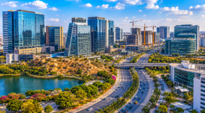 Hyderabad Raidurg Land Auction Fetches ₹204 Crore Per Acre Modern cityscape with green corridors