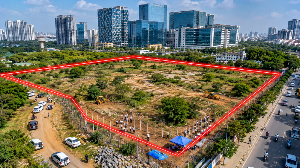 HYDRAA Fences 15 Acres Near Cyber Towers Worth ₹3,000 Crore HYDRAA officials fencing government land near Cyber Towers in Madhapur Hyderabad.